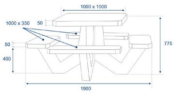 Square Table with 4 Benches